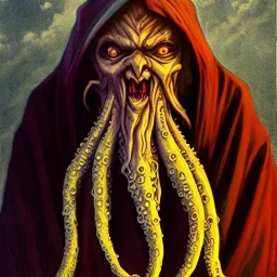 Cthulhu with white skin and a beard made of fleshy tentacles as a Russian Orthodox nosferatu with yellow eyes and vampire fangs and spines in the side of the nose