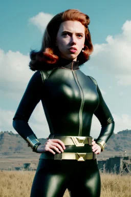 retro portrait image from 1960, sky background, wind, long red hair, fighting stance, sweet young Scarlett Johansson, black dress, classic long tight lycra black suit, gold bracelet and belt, high heel boots, superhero style, black widow, soft color, highly detailed, unreal engine 5, ray tracing, RTX, lumen lighting, ultra detail, volumetric lighting, 3d, finely drawn, high definition, high resolution.