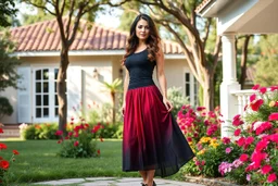 very beautiful lady with beautiful midi dark black-red skirt and top with curvy hair sports shoes standing in a nice villa yard with trees flowers ,16 by 9