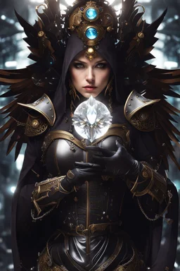 Fullbody of Steampunk armor, burka,beautiful angel wings, angry,malicious, goddess, warrior girl, crystal, broken glass, jewelry, ornements, half opened mouth, starcraft, magical orbe, cat eyes,white face,scifi, technology, photography