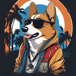 rocker corgi wearing hoodie jacket, sun glasses, singing, anime style, full bod, t-shirt design, vector art, white background colors.