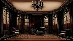 a high-detailed gothic castle room with unique interior. The stunning antique beauty is captured with an old, moody atmosphere. The gothic windos and interiors in Victorian and Goth style table with one candle, chair, mirror, old crepy dark pictures, one stunning old black marble fireplace, nice armchair , some spider webs on window, sharp focus, realistic,. The color palette is dominated by black, red, silver, hues, casting a dramatic glow , interior photo, hig realistic, detailed, beautifull s