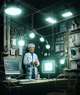 Ultra realistic photographic night portrait, cinematic, <Asian woman>+<Asian doctor old man><hanging wires> <retro computer> <cyberpunk> <many wires><perfect pupil> <cyborg arm> <garage> <wide angle Shot> <sci-fi futuristic> <thriller>, color fog, soft color, highly detailed, unreal engine 5, ray tracing, RTX, lumen lighting, ultra detail, volumetric lighting, high definition.