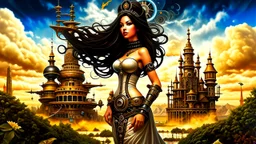 exotic sci-fi steampunk pin-up girl, with long dark hair, on an alien planet with cloud trees, tall spires, buildings, arches and bridges