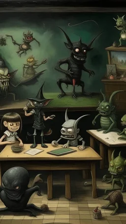 Bosch painting style nightmare, a dark children class room all children’s , creature in front of the blackboard