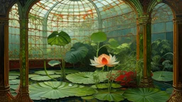Pintura de flores → temple al huevo sobre tabla → interior de un invernadero victoriano → estética prerrafaelita → lenguaje visual de líneas precisas y colores vibrantes, con influencia de los manuscritos iluminados → pincelada fina y entrecruzada, con capas translúcidas → composición centrada en un gran lirio de agua en un estanque artificial, rodeado de hojas en forma de corazón y pequeños capullos → iluminación cenital tamizada por los cristales del techo, que crea destellos y reflejos acuáti
