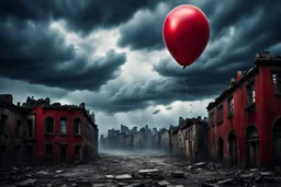 one red party balloon on sky, high realistic, storm, gloomy, surreal, little dark old city, ruins, professional photo, cinematic, utopistic