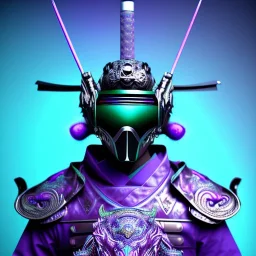 samurai purple masked villain in galaxy, teal and purple smoke, detailed, realistic, 4k