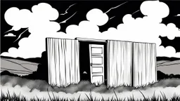 broken wooden door, anime, monochrome, black background, ink, simple, maximum quality, broken hinge, barely functioning, centered on frame, far view, in the middle of a grassy hill, white sky with cumulonimbus