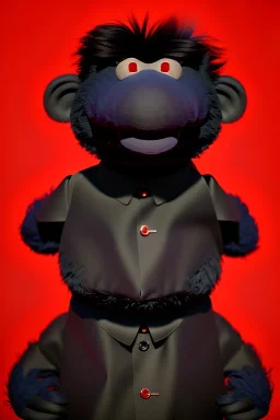 Waist up muppet Portrait, Kim Jong-un muppet doll, black suit, photo studio, red background, unreal engine 5, concept art, art station, god lights, ray tracing, RTX, lumen lighting, ultra detail, volumetric lighting, 3d.