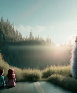 Realistic room scene. sweet big furry monster sitting. girl from behind. Steven Spielberg style. Red hair, smile, happy, gradient color fog. highly detailed, concept art, unreal engine 5, ray tracing, RTX, lumen lighting, ultra detail, volumetric lighting, 3d, finely drawn, high definition, high resolution.