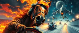 clumsy horse with helmet and with ears on fire, b movie poster, etheral astral weird perspective worried yoga vin diesel legend race car racing with huge g force against spaceships going sideways in ramp driver close up portrait of dj magic kobold gremlin farmer pilot looking down on cam, with background in the style of escher and giger, a chill contrapunctus fugue in the style of fsol, beethoven,