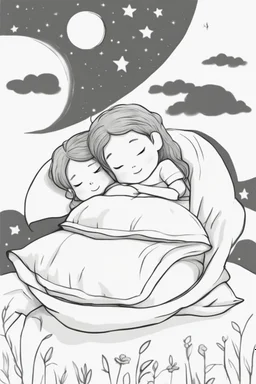 Little girls sleeping under a crescent moon with crescent-shaped pillows and blankets. Use crescent moons for the sleep accessories and a serene night sky.,very happy , Colloring page for todlliers ; basic hawali style cartoon , black and white , ink outlines , , smooth , anime style , minimalist , cute eyes , full body , white shose , sketchbook , realistic sketch , free lines , on paper , character sheet , clean line art high detailed