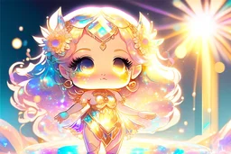 cute chibi goddess in holographic dress in sunshine