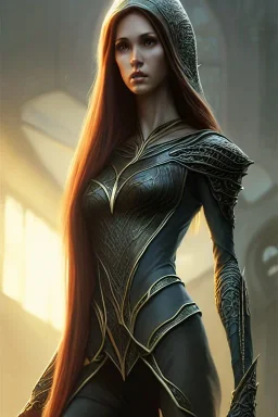 long shot of a tall elven young woman with short light brune hair and freckles on the cheak bones and tall body of a topmodel light clothes, ultra realistic, concept art, intricate details, eerie, highly detailed, photorealistic, sharp focus, octane render, 8 k, unreal engine. art by artgerm and greg rutkowski and charlie bowater and magali villeneuve and alphonse mucha