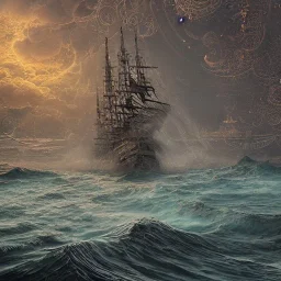 Insanely detailed photograph of an “artitcture plans of a large steamship on ocean ” with intricate waves, intricate embroidered band, hyperdetailed painting by Ismail Inceoglu Huang Guangjian and Dan Witz CGSociety ZBrush Central fantasy art album cover art,8K, hdr, romantic, mysterious, ominous, flowers, jewelry, steam,oil,cafe,street vendor,steamship,D&D