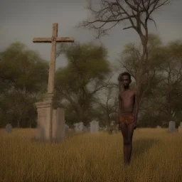 Young African deity at a cemetery near a cross and surrounded by almost unseen dead souls at an eerie night