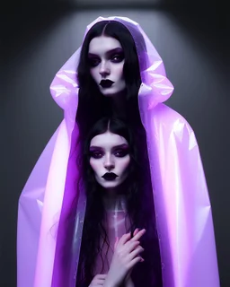Picture by koson ohara and marta bevacqua, portrait of a beautiful goth woman with long black hair, wearing a plastic raincoat, purple neon lighting, 8k, high quality, highly detailed