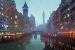 Train Canal River and corner shop greengrocer in colorful Italian street+Gothic city+BioShock+Dishonored+Bloodborne +trieste+Edinburgh+Chicago+victorian London+decòpunk Skyscraper+ +steampunk+biopunk+alphonse mucha, greg rutkowski,matte painting, cryengine, hyper detailed, felix kelly, fantasy art, seb mckinnon