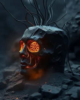 A BLACK GLOWING STONE MACHINE WITH WIRES RUNNING FROM IT TO THE HEAD