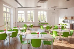 A 3D hyperrealistic 3D image in 4K resolution of a modern party and birthday room (about 100 sq m) with arranged tables, french windows , green chairs, lots of light and a kitchenette.