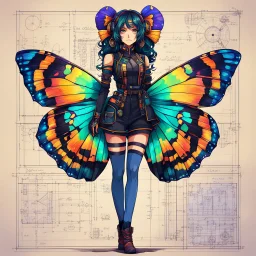 Hand drawn technical,full body portrait illustration , with detailed blueprints and engineering schematics of a walking hybrid Madagascan sunset moth insect girl, in anime style, with highly detailed facial features, drawings, and technical notation, 8k, vibrant natural colors