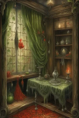 english watercolor, witch's boudoir, mirror, curtains, cobweb, filigree, dried flowers, textiles, candle, magical lighting effect, fairy tale illustration, fine drawing of details with colored pencils, grunge, high resolution, high detail, dark fantasy, dark botanical, beautiful, ISO 100, pixel graphics, hdr, emerald colors, beige, red, deep blue, umbra, grey, dusty rose, gold