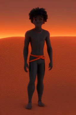 3D render of a cyberpunk tribal teen black man, black hair, on a bright orange dune background, digital art