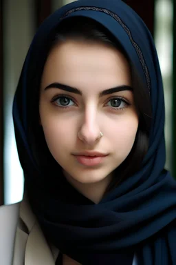 فتاة بيضاء لون عيونها بنية و شعرهامتوسط أسود اللون ترتدي حجاب
