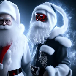 All Black Santa, ghost, wearing high tech mask, white smoke, dark, rage, high definition, ultra 8 k, volumetric lighting, blue fire, fog red rain