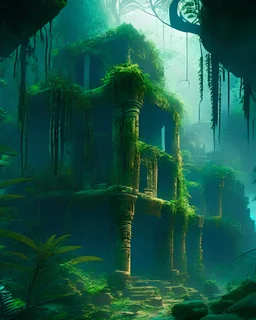 A breathtaking panorama of an ancient, forgotten city hidden deep within a dense, misty jungle, in the style of digital matte painting, vivid colors, atmospheric lighting, crumbling ruins entwined with lush vegetation, richly detailed, inspired by the works of H.R. Giger and Zdzisław Beksiński, 16K resolution, evoking a sense of adventure and exploration.