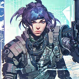 Billie Eilish as a cyber punk mercenary huge girl, illustration by Yoji Shinkawa and Katsushika Hokusai, finely detailed facial features, finely drawn and inked, 4k, symmetric, hyperdetailed