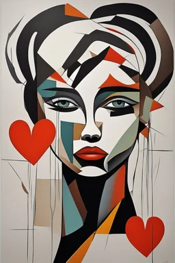 Abstract painting of a woman with a broken heart. Abstract art that does not represent an accurate depiction of visual reality, communicating instead through lines, shapes, colors, forms and gestural marks, perfect composition, cubism style