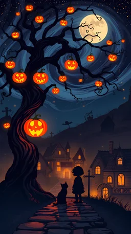 A captivating Halloween-themed illustration that transports the viewer into a magical, eerie night. The design showcases a dark, twisted tree with glowing jack-o'-lanterns hanging from its branches, casting an enchanting and spooky light. In the background, a swirling, mystical sky filled with stars and clouds adds depth and intrigue to the scene. The foreground reveals a silhouette of a young girl and her cat, standing on a cobblestone path, gazing towards a quaint, haunted village. The village