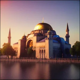 Sultanahmet, spring, sunset, fantasy art, blue and sky, realistic, unreal engine 5, octane render, cinema4d