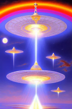 Very beautiful ufo, futurist, intergalactic, mother ship, ashtar command, interdimensionnal, rainbow