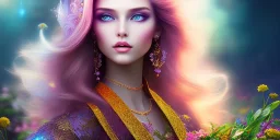 bright fairy, beautiful portrait, flowery landscape