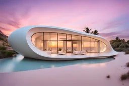 An organic banana-shaped house seamlessly integrated sea beach side with pastel hues during sunset, modernist architecture with large curved windows, casting warm sunlight on the structure, emphasizing its sleek design and blending with the natural surroundings, Architectural photography, real photography, photo real