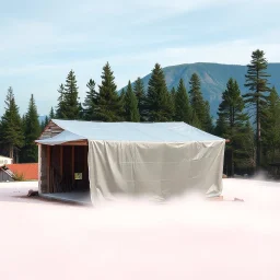 A super high definition photo of an open space studio with structures. A transparent tarpaulin covers a ruined building. There is a group of fir trees in the background and a high hill in the distance. The surface below is in a pastel color. Fog is present.