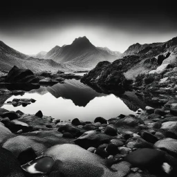 Sublime foto Ilford close-up ad alta definizione di una montagna rocciosa, un lago, surreale, colors, cityscape scifi, collage art, dadaism, sublime, splimapys nero, cielo nero, acqua nera riflette un sole nero, macabre piante circondano il lago, alghe, hypermaximalist, Max Ernst style, strangeness, intricate, hypnotic, obsessive, Yves Tanguy, 8k, deep 3d field, very accentuated details of the rocks and sht frn, eerie, artistic photo, shot on Hasselblad, large format film, medium format film