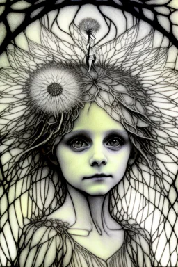 pencil and charcoal sketch of a cute happy little dandelion fairy girl, Mucha inspired emotional nature ephemeral sculptures of Andy Goldsworthy, tiny human form, essence captured as if created by surrealist photographer Noel S Osvald rendered in bright ombre colors, mixed with influences by John Bauer and Tim Burton, faded dark grey background, minimalistic art, with details that reflect advanced rendering techniques that push the drawing's realism even further Modifiers: trending on Artstation