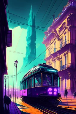 lisbon city view in fantasy cyberpunk style with famous tram