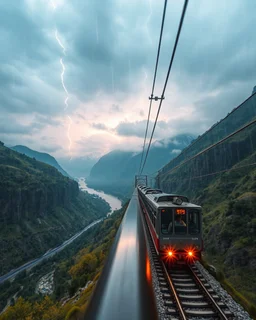 Long distance view Realistic Photography Panoramic style electric sky rain, atmospheric beautiful electric sky train, rides in stunning river and mountain landscape, mountain gorge, bright color palette, high detail, perfect composition, cinematic shot, intricate details, hyperdetail