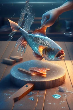 a 3d rendering of a beautifull genious fish with hands and fingers, down in the sparkly water, producing a wooden table and a big knife