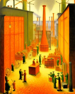 An orange colored crystal factory in a plague painted by Georges Seurat