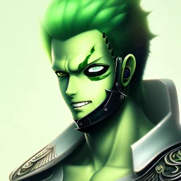 zoro, green hair, chainsawman, animestyle, denji, three chainsaw style, three sword style, majestic, soft pastel colors, soft smooth lighting, intricate detail, closed left eye, three sword, full body, sword handle in mouth, white skin,