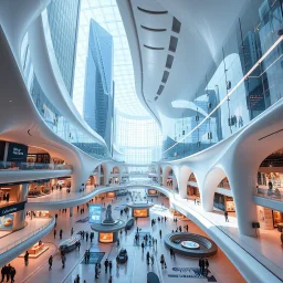 A hyper-realistic scene depicting a sprawling, state-of-the-art shopping center in a modern city of the year 2080. The architecture features sleek, organic forms, towering glass facades, and seamless integration of advanced technological elements. The interior space is flooded with natural light, with open, airy layouts and imaginative design elements that blend the physical and digital realms. Holograms, interactive displays, and autonomous robotic assistants are seamlessly incorpo