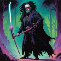 Art by Steve Rude: Elton John Zombie with black dreads and black wild beard as a fantasy necromancer holding a glowing black ram staff and wearing black magic robes