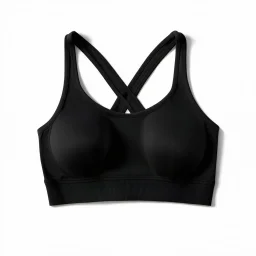 Folded Cross-back sport bra, top view, flat lay, realistic, active wear, black material, round neck, cross-back with four spaghetti straps,