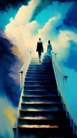 impressionism-style painting of two people walking on a stairway to a place like heaven